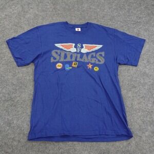 Six Flags T Shirt Mens Medium G Force Speed Freak Coaster Fanatic Blue Slides